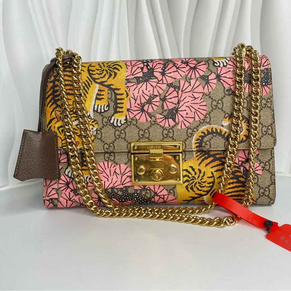 Gucci Padlock Shoulder Bag Bengal Print GG Coated Canvas Small Brown